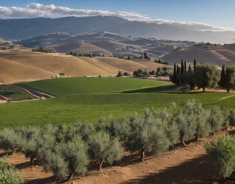 Weitläufige Landschaft im Libanon mit grünen Olivenhainen im Vordergrund, sanften Hügeln und Feldern im Hintergrund unter einem klaren Himmel