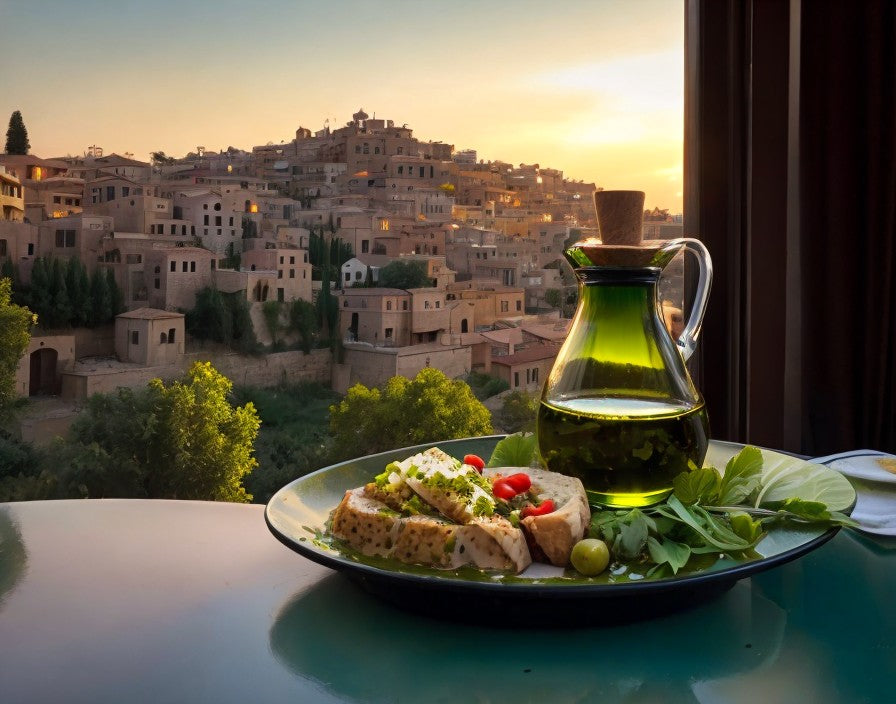 Ein Teller mit frischem Brot, Kräutern, Oliven und einer Karaffe mit libanesischem Olivenöl, serviert vor einer malerischen Stadtlandschaft bei Sonnenuntergang