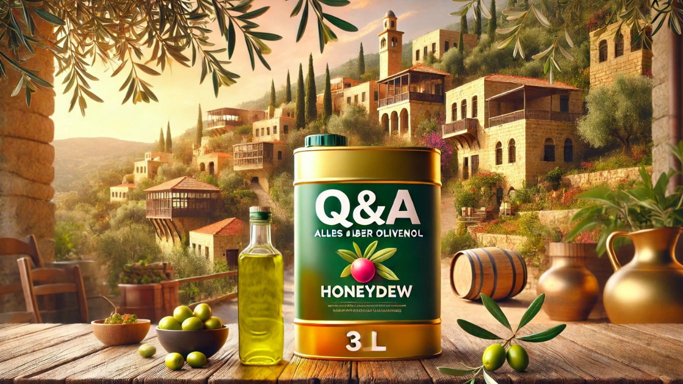 3-Liter Honeydew Olivenöl-Kanister auf rustikalem Holztisch, umgeben von Olivenzweigen und frischen Oliven, mit einem charmanten libanesischen Dorf im Hintergrund. Perfekt für eine Q&A-Seite über Olivenöl.