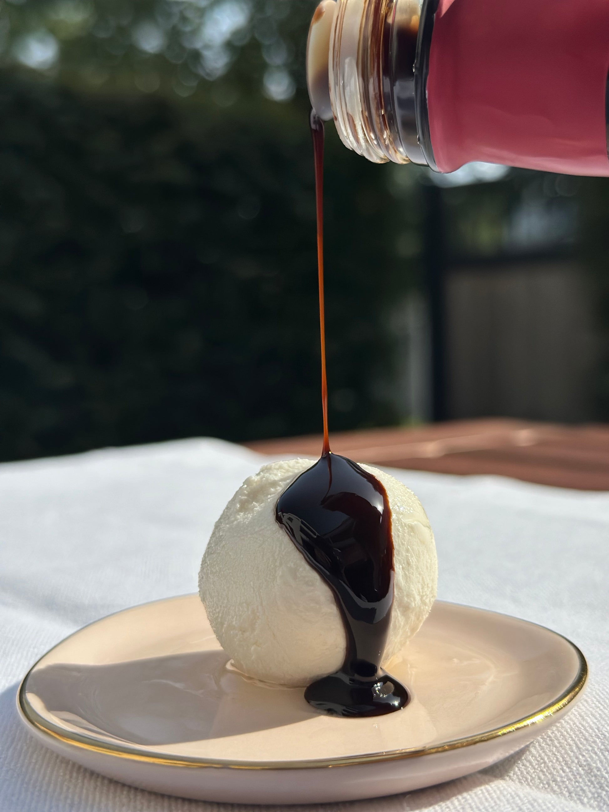 Labneh-Kugel auf einem Teller, beträufelt mit honeydew Granatapfelmelasse, vor einem Hintergrund mit grünen Pflanzen und natürlichem Licht