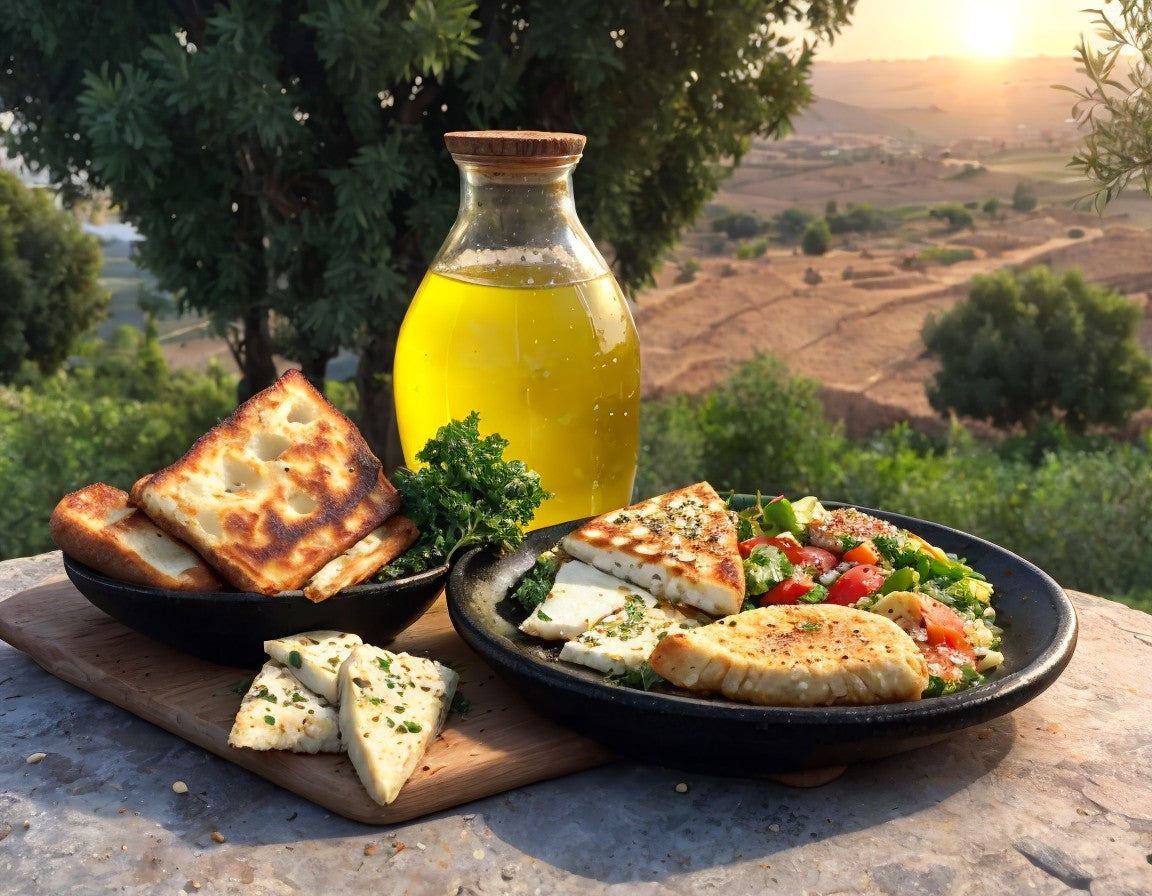 Ein traditionelles libanesisches Frühstück mit gebratenem Halloumi-Käse, frischem Salat, Fladenbrot und einer Karaffe mit nativem Olivenöl extra, serviert vor einer malerischen Landschaft bei Sonnenuntergang