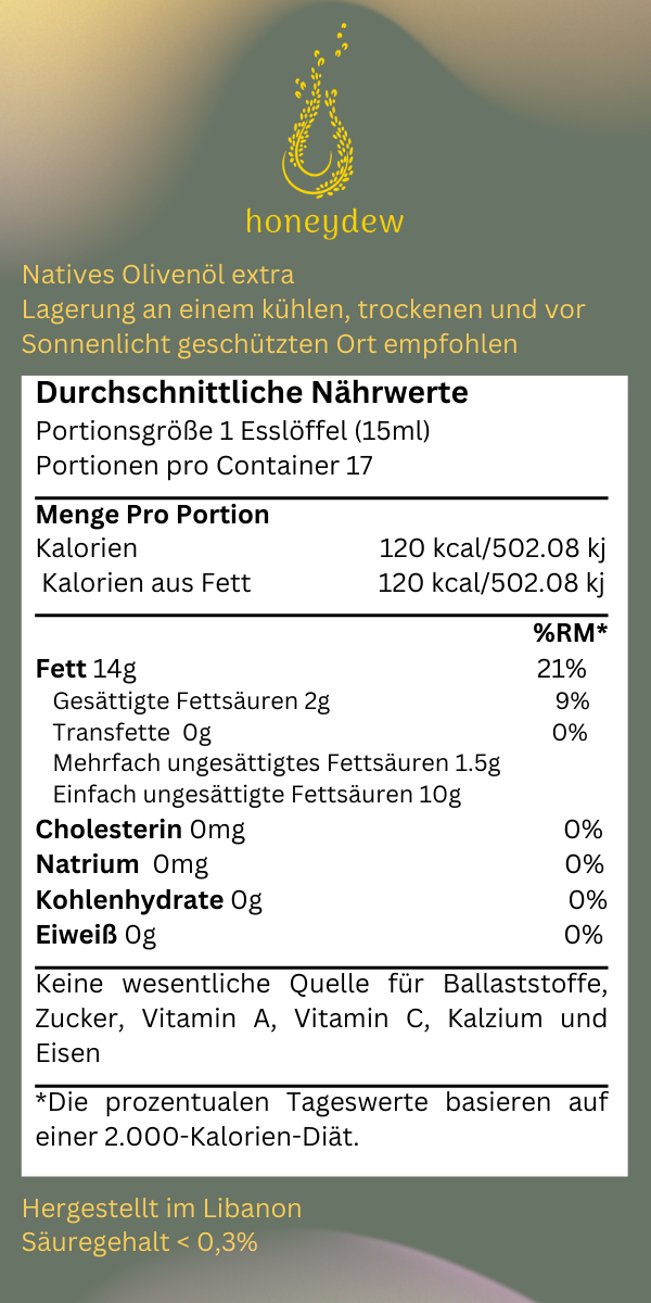 Ein Nährwertetikett für „honeydew Natives Olivenöl Extra“ auf einem sanft verlaufenden graugrünen Hintergrund mit dem goldenen „honeydew“-Logo. Die Lagerung wird an einem kühlen, trockenen und vor Sonnenlicht geschützten Ort empfohlen. Die durchschnittlichen Nährwerte sind für eine Portionsgröße von 1 Esslöffel (15 ml) angegeben, mit 17 Portionen pro Container. Eine Portion enthält 120 kcal, 14 g Fett (davon 2 g gesättigte Fettsäuren, 1,5 g mehrfach ungesättigte und 10 g einfach ungesättigte Fettsäuren), 0