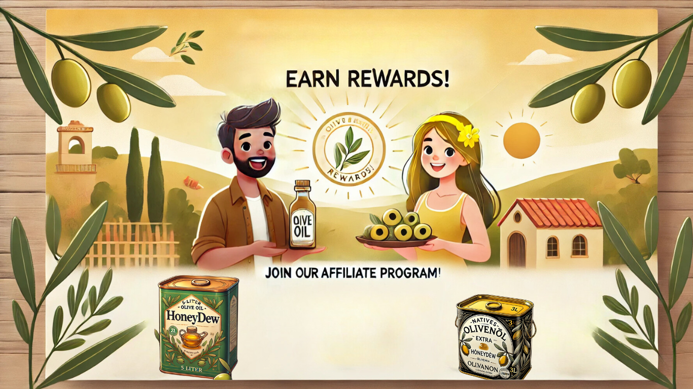 Ein einladendes, handgezeichnetes Bild mit einem sonnigen mediterranen Hintergrund, einem lächelnden Mann und einer Frau, die Olivenöl und frische Oliven präsentieren. Text: „EARN REWARDS! JOIN OUR AFFILIATE PROGRAM!” Umgeben von Olivenbäumen und traditionellen Häusern.