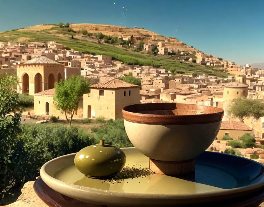 Eine traditionelle Holzschale und eine grüne Olivenöl-Flasche stehen auf einem Teller mit Za'atar-Gewürz, vor einer malerischen libanesischen Hügellandschaft mit historischen Gebäuden und blauem Himmel