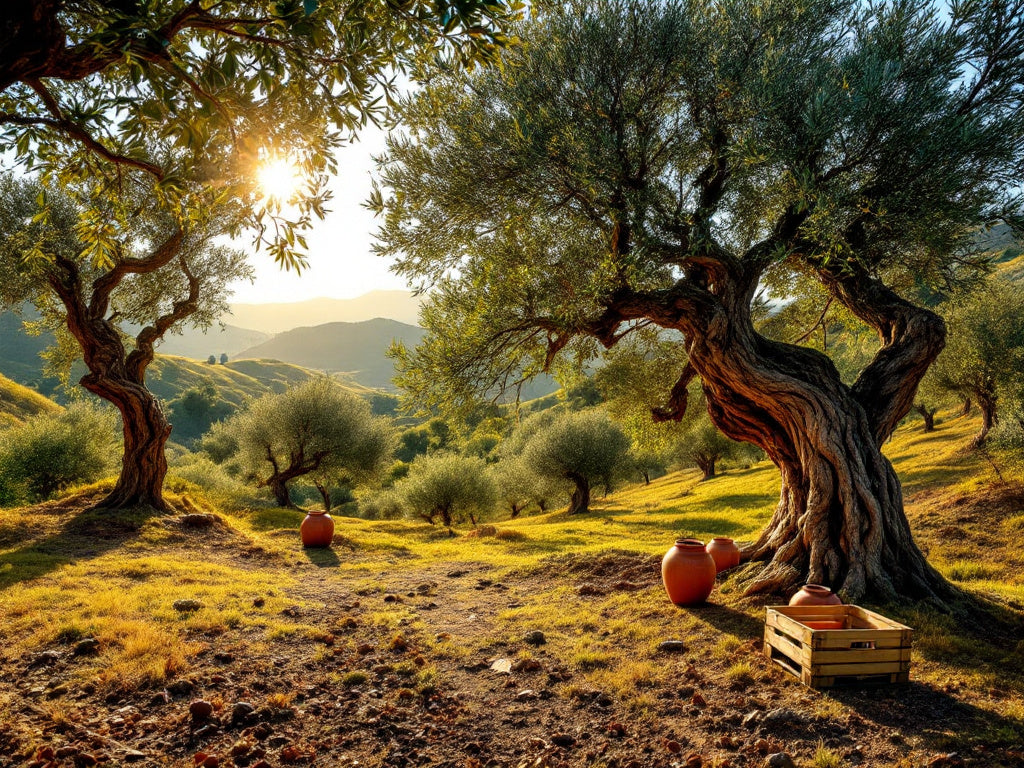 Ein malerischer Olivenhain im Libanon bei Sonnenuntergang, mit uralten Olivenbäumen, traditionellen Tonkrügen und einer Holzkiste, eingebettet in eine hügelige Landschaft