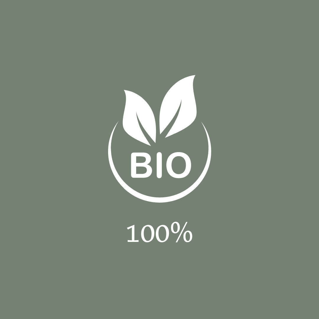 100% Bio-Icon: Zwei stilisierte Blätter über dem Schriftzug 'BIO', umgeben von einem Kreis, auf grünem Hintergrund. Nachhaltigkeit und Bio-Qualität bei Honeydew