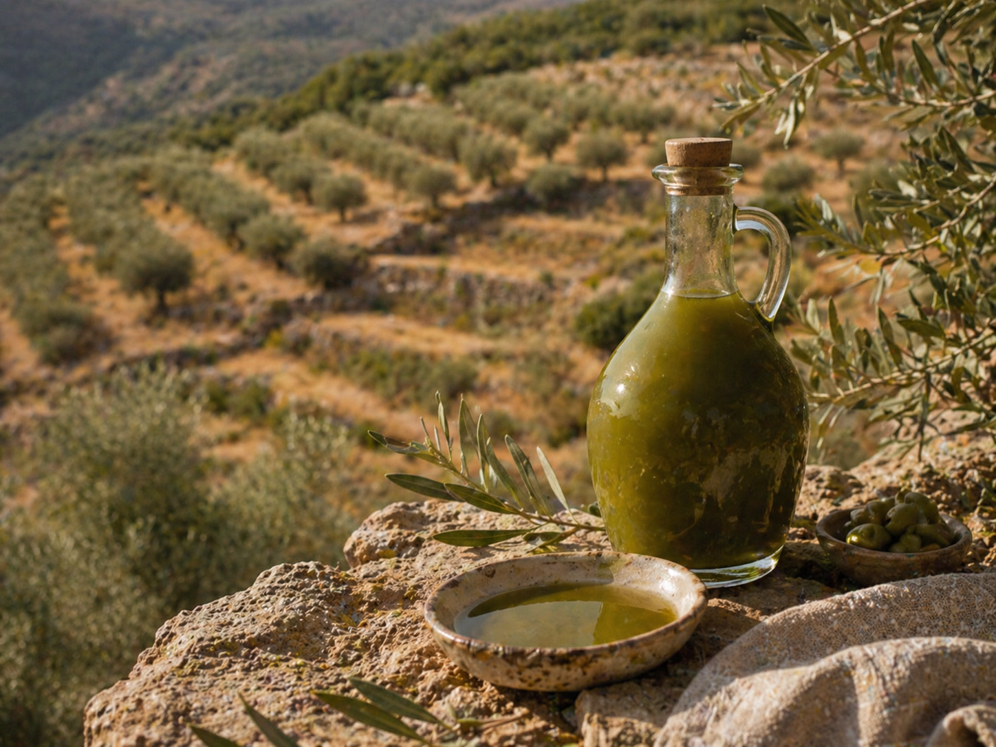 Glaskaraffe mit frisch gepresstem nativem Olivenöl extra auf einem Felsen, umgeben von Olivenzweigen und einer Schale mit Öl, vor dem Panorama eines mediterranen Terrassenolivenhains