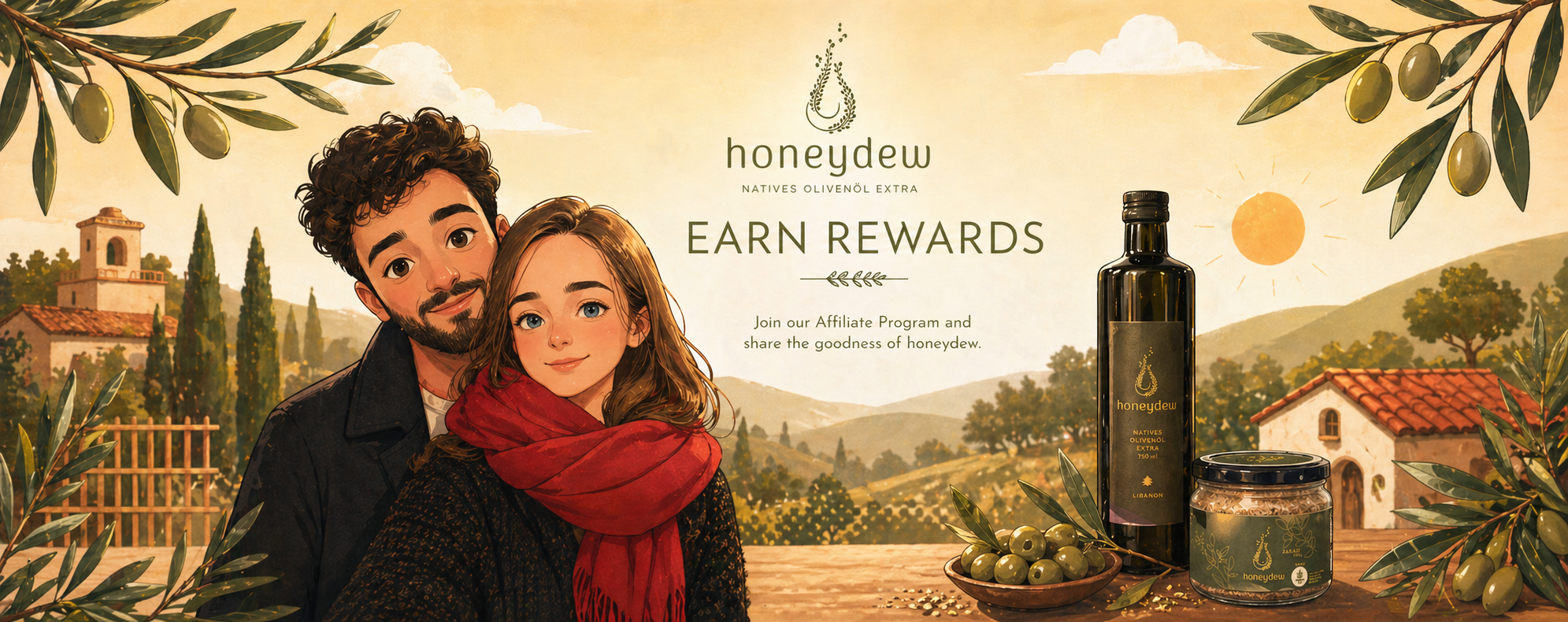 Honeydew Natives Olivenöl Extra – Affiliate Banner mit illustriertem Paar vor mediterraner Landschaft, Honeydew Olivenöl-Flasche 750ml Libanon und Zaatar-Glas, mit dem Slogan „Earn Rewards – Join our Affiliate Program”