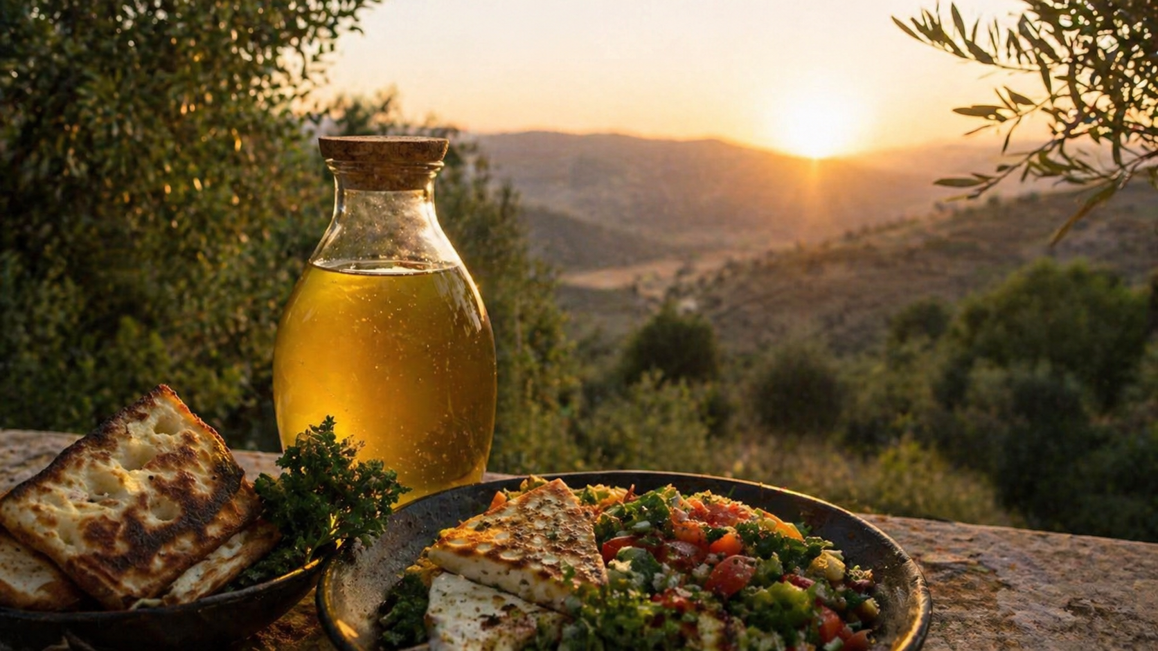 Ein traditionelles libanesisches Frühstück mit gebratenem Halloumi-Käse, frischem Salat, Fladenbrot und einer Karaffe mit nativem Olivenöl extra, serviert vor einer malerischen Landschaft bei Sonnenuntergang