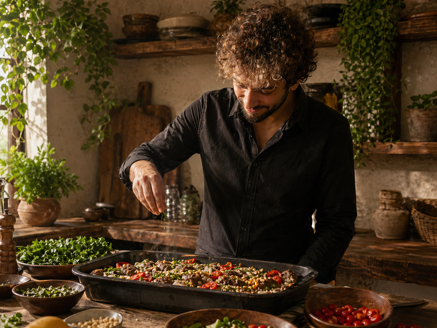 Koch würzt dampfendes mediterranes Gemüsegericht mit Kichererbsen und Paprika in einer rustikalen Küche mit frischen Kräutern – verfeinert mit hochwertigem nativem Olivenöl extra vom Honeydew Shop