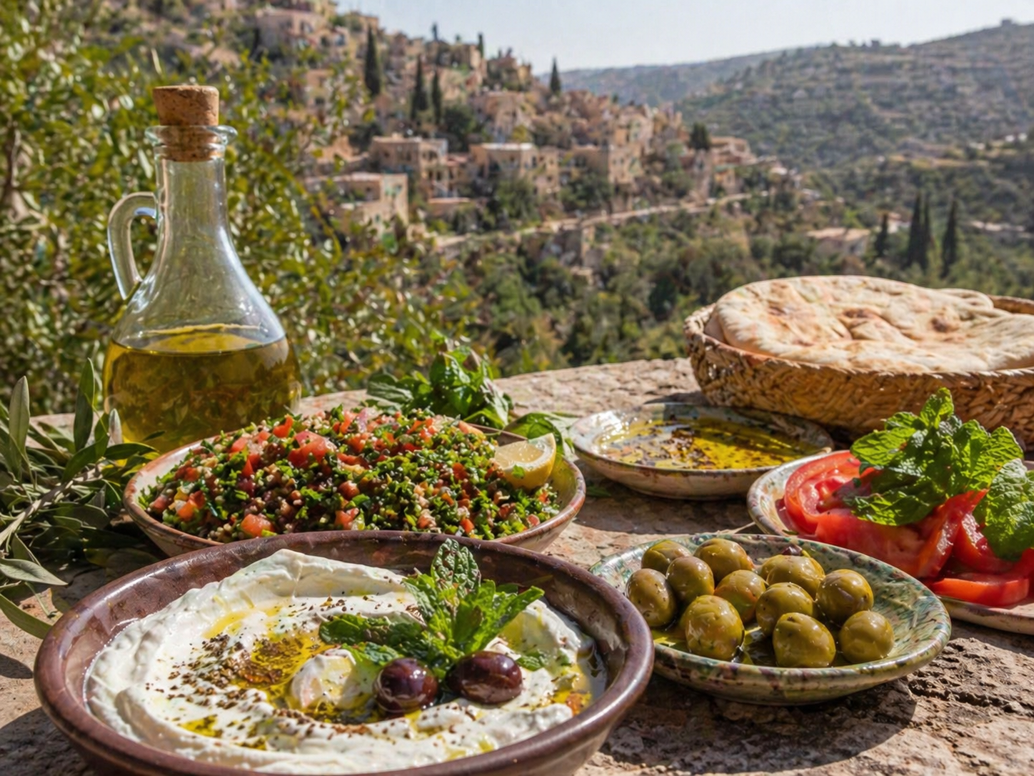 Glaskaraffe mit nativem Olivenöl extra neben traditionellen Mezze-Gerichten: Taboulé, Labneh mit Olivenöl, grüne Oliven, frisches Fladenbrot und Tomaten-Minz-Salat vor einem historischen Bergdorf im Hintergrund