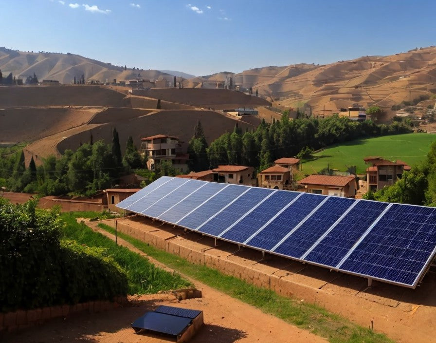 Solaranlage in einer ländlichen Landschaft im Libanon, umgeben von grünen Feldern, Zypressen und traditionellen Häusern vor sanften Hügeln