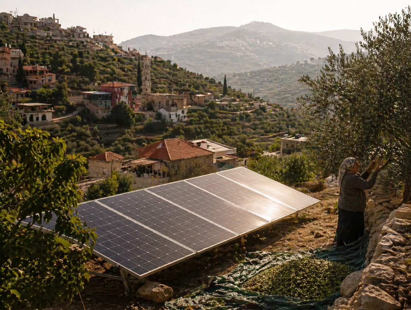 Solaranlage in einer ländlichen Landschaft im Libanon, umgeben von grünen Feldern, Zypressen und traditionellen Häusern vor sanften Hügeln
