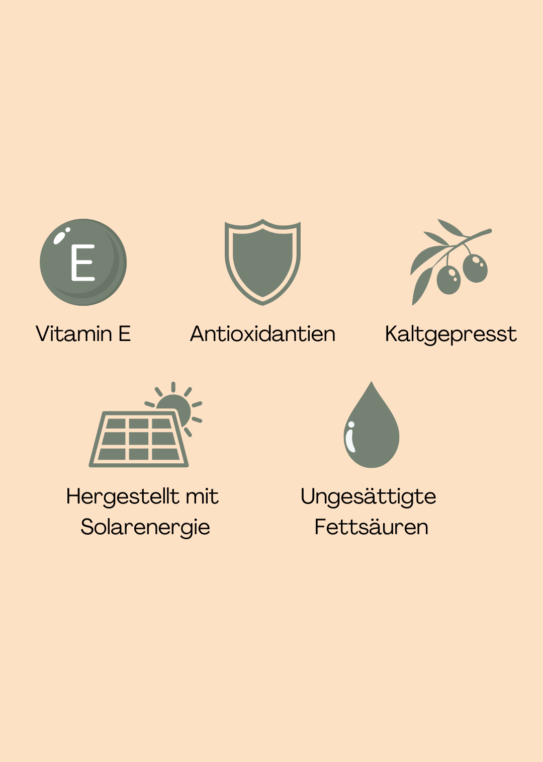 Symbole, die die Vorteile von nativem Olivenöl extra hervorheben, darunter Vitamin E, Antioxidantien, kaltgepresste Qualität, solarbetriebene Herstellung und ungesättigte Fettsäuren